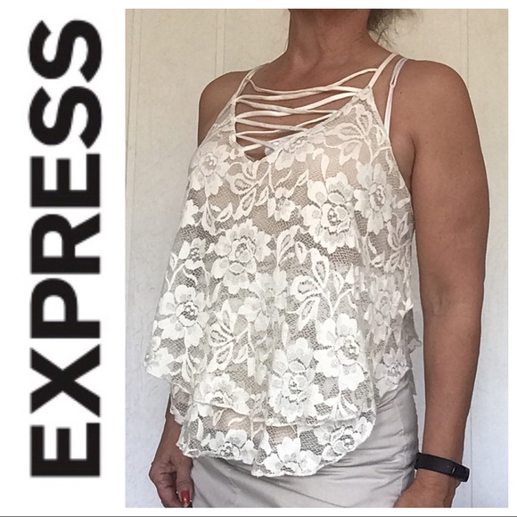 EXPRESS WHITE LACE CAGED FRONT CAMISOLE MEDIUM - Picture 2 of 11